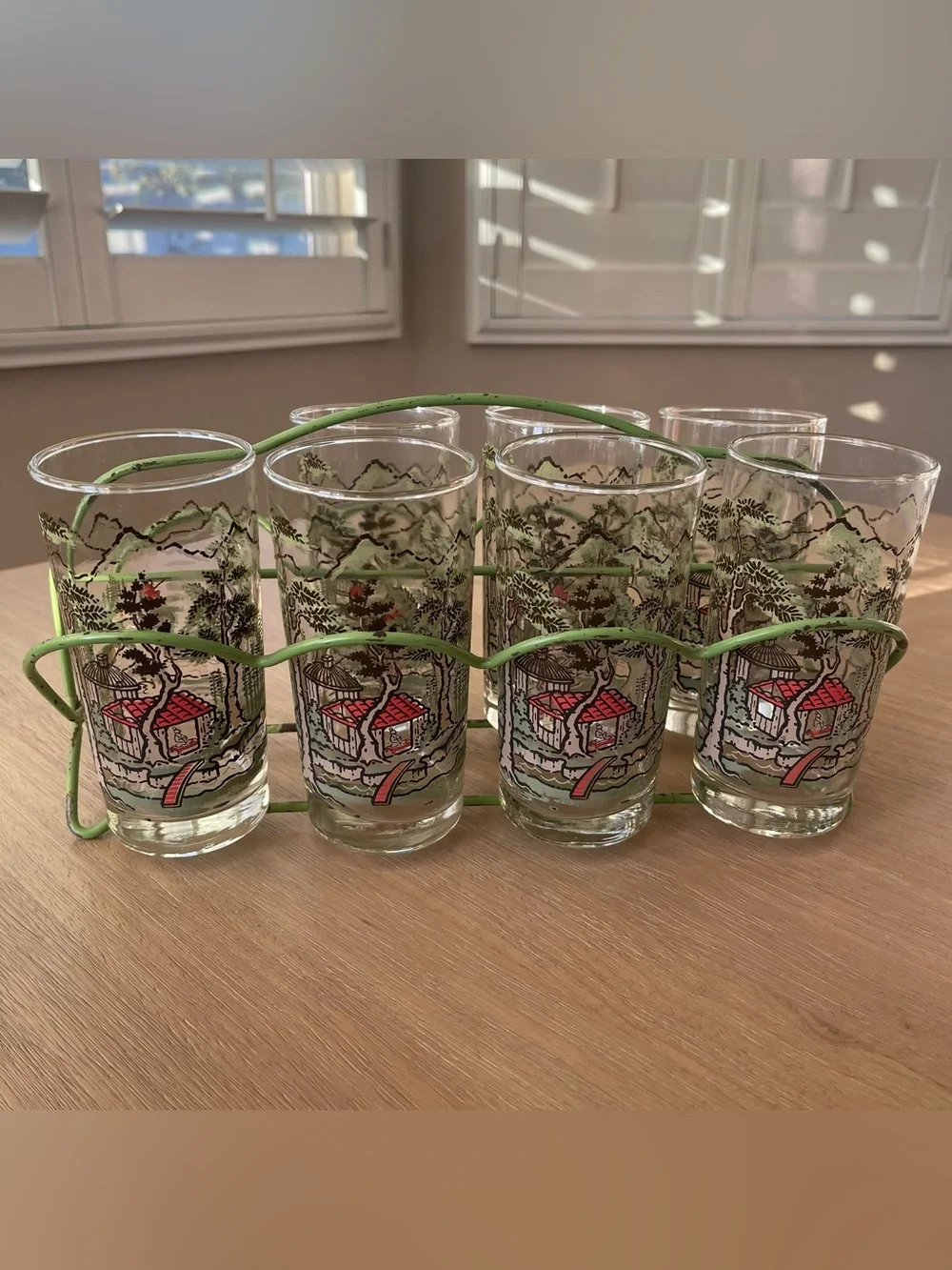 Vintage MCM Libbey “JAPANESE GARDEN” Highball  Glasses Green Tote Rack Set of 7